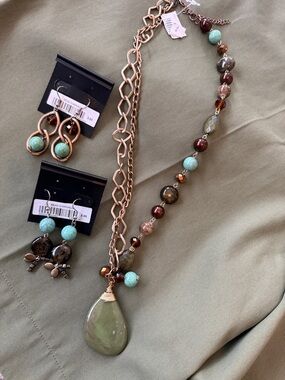 Beaded Teardrop Pendant Necklace & Earring Set - Turquoise and Brown